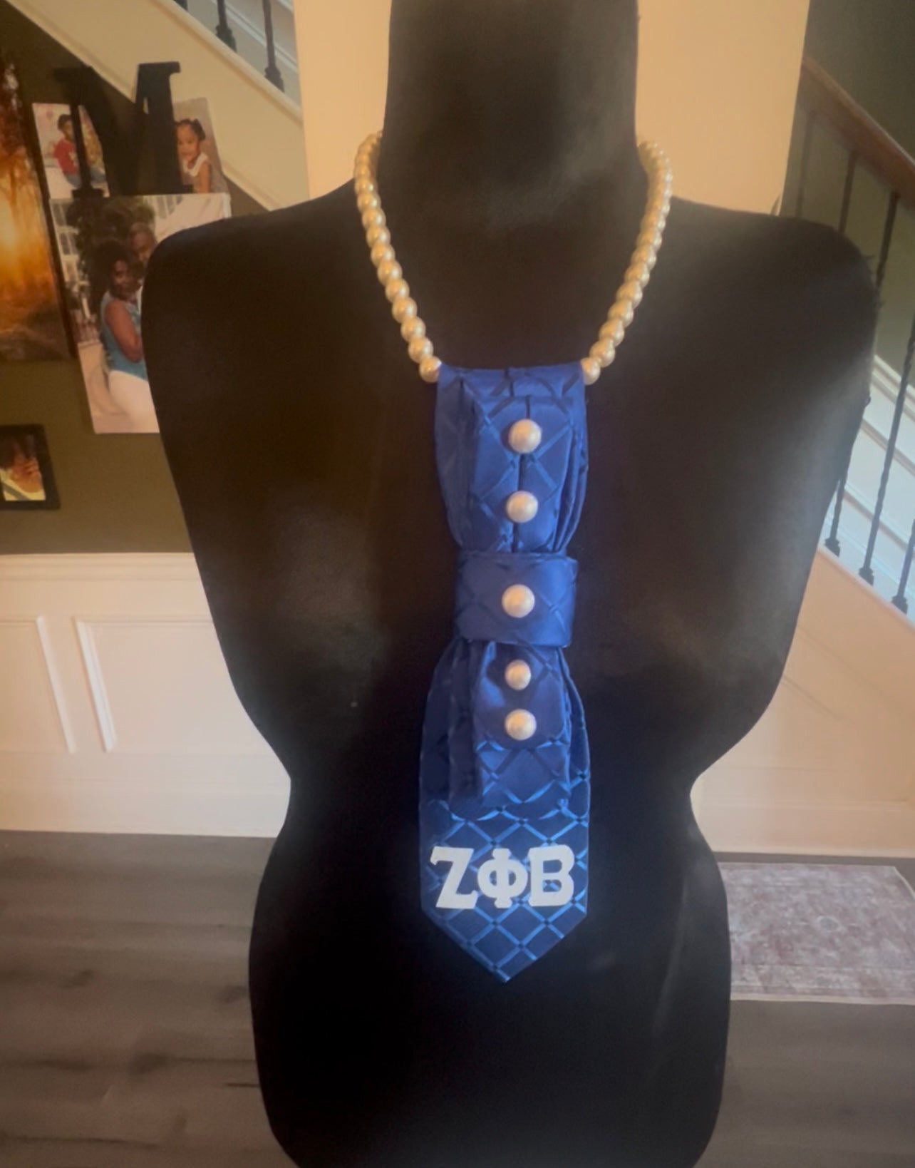 Royal Blue Tie with Five Pearls and Greek Letters